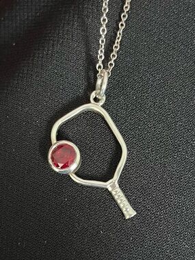 Born to Rally Pickleball Racquet Sterling Silver Necklace with Red Gem